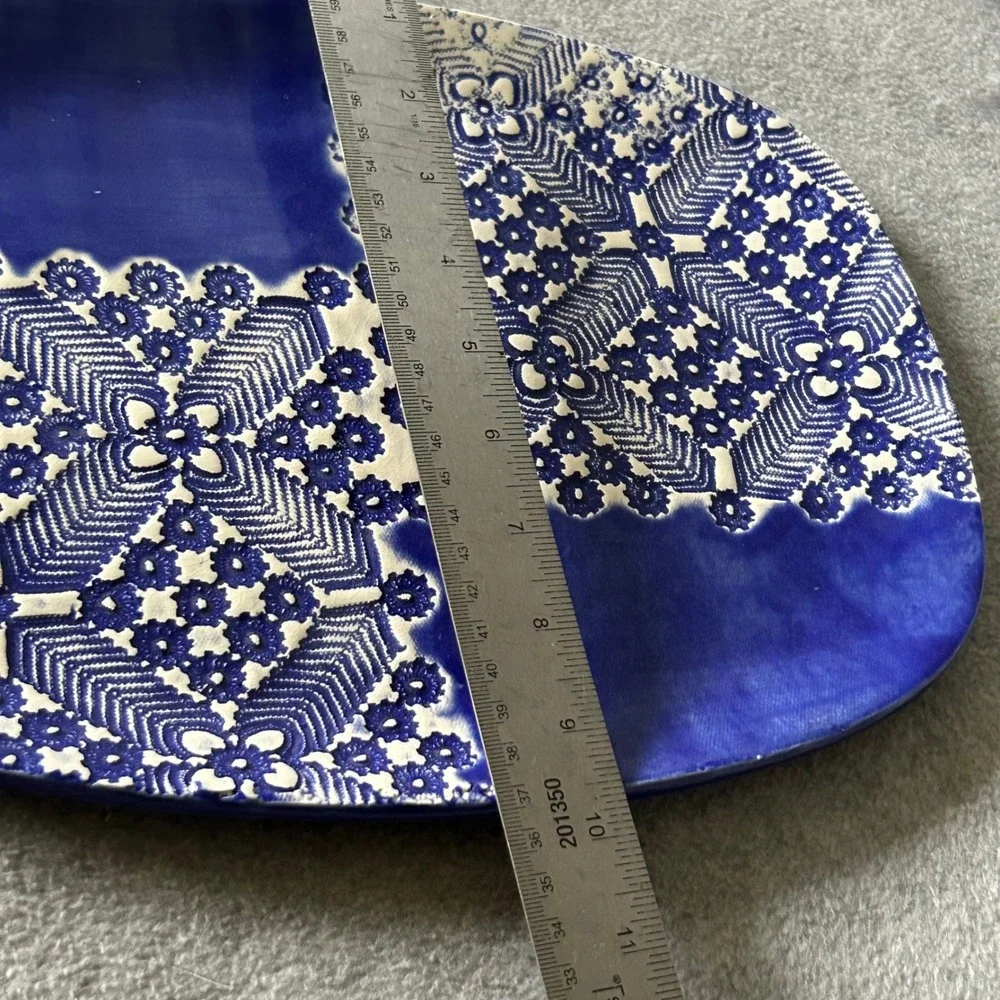 Handmade Charleston Pottery Platter Lace Impressed Blue Cobalt 2018‎ Bee Mark